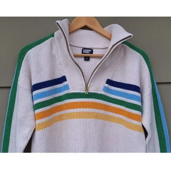 Land's End Women's Drifter 1/4 Zip 100% Cotton Striped Sweater Cream Rainbow S - Picture 8 of 10